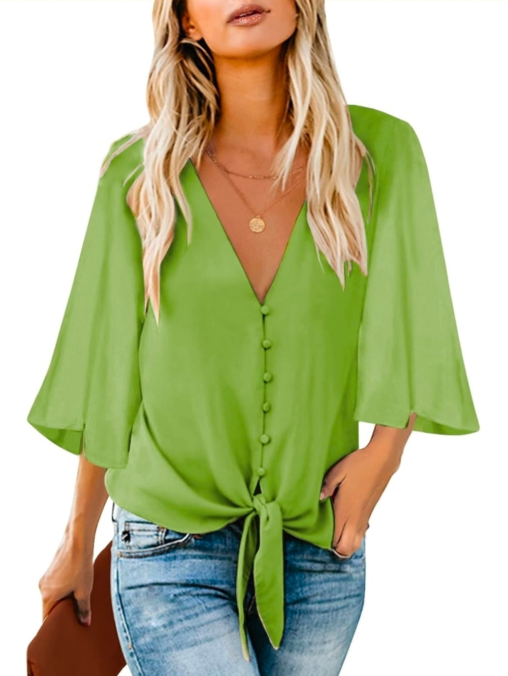 Luvamia Tie-Front V-Neck Blouse in Lime Green Size M